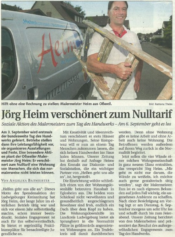 Ludwigsburger Kreiszeitung vom  02.09.2011 berichtet über Jörg Heim Malermeister in Ludwigsburg